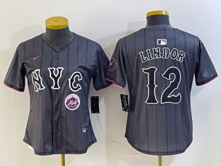 Women's MLB New York Mets #12 Francisco Lindor Grey Logo 2024 City Connect Cool Base Stitched Jersey