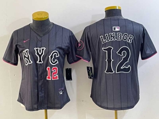 Women's MLB New York Mets #12 Francisco Lindor Grey Red Number 2024 City Connect Cool Base Stitched Jersey