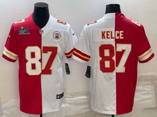 Men's Kansas City Chiefs #87 Travis Kelce Red & White Split Super Bowl LVII Patch Limited Stitched Jersey