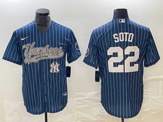 Men's New York Yankees #22 Juan Soto Blue Pinstripe Cool Base Stitched Baseball Nike Jersey
