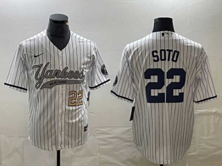 Men's New York Yankees #22 Juan Soto White Gold Number With Patch Cool Base Stitched Baseball Nike Jersey