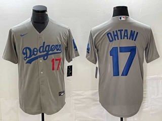 Men's Los Angeles Dodgers #17 Shohei Ohtani Gray Red Number Stitched Cool Base Nike Jerseys