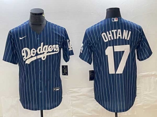 Men's Los Angeles Dodgers #17 Shohei Ohtani Navy Pinstripe Cool Base Stitched Baseball Jersey (2)