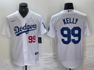 Mens Los Angeles Dodgers #99 Joe Kelly White Red Number Stitched Cool Base Nike Jersey