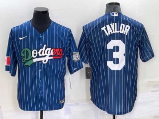 Mens Los Angeles Dodgers #3 Chris Taylor Navy Blue Pinstripe Mexico 2020 World Series Cool Base Nike Jersey (9)