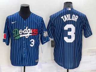 Mens Los Angeles Dodgers #3 Chris Taylor Navy Blue Pinstripe Mexico 2020 World Series Cool Base Nike Jersey (10)