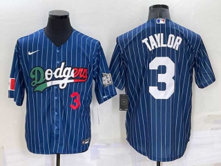 Mens Los Angeles Dodgers #3 Chris Taylor Navy Blue Pinstripe Mexico 2020 World Series Cool Base Nike Jersey (11)