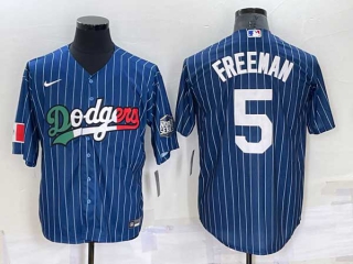 Mens Los Angeles Dodgers #5 Freddie Freeman Navy Blue Pinstripe Mexico 2020 World Series Cool Base Nike Jersey (10)