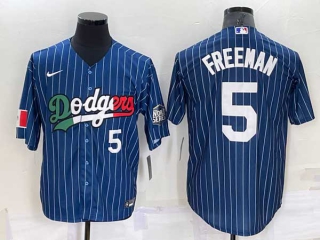 Mens Los Angeles Dodgers #5 Freddie Freeman Navy Blue Pinstripe Mexico 2020 World Series Cool Base Nike Jersey (11)
