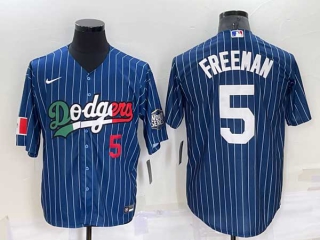 Mens Los Angeles Dodgers #5 Freddie Freeman Navy Blue Pinstripe Mexico 2020 World Series Cool Base Nike Jersey (12)