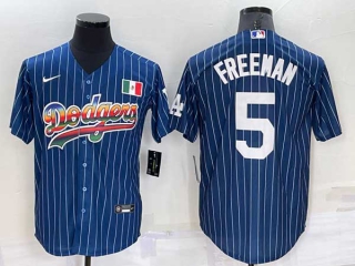 Mens Los Angeles Dodgers #5 Freddie Freeman Rainbow Pinstripe Mexico Cool Base Nike Jersey (13)
