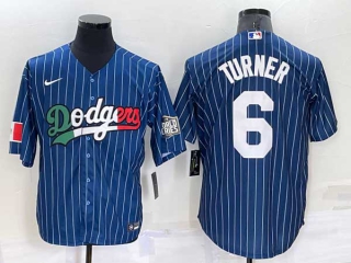 Mens Los Angeles Dodgers #6 Trea Turner Navy Blue Pinstripe Mexico 2020 World Series Cool Base Nike Jersey (8)
