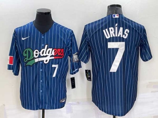 Mens Los Angeles Dodgers #7 Julio Urías Navy Blue Pinstripe Mexico 2020 World Series Cool Base Nike Jersey (26)