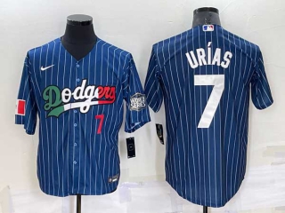Mens Los Angeles Dodgers #7 Julio Urías Navy Blue Pinstripe Mexico 2020 World Series Cool Base Nike Jersey (27)