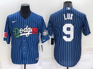 Mens Los Angeles Dodgers #9 Gavin Lux Navy Blue Pinstripe Mexico 2020 World Series Cool Base Nike Jersey (3)