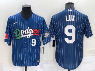 Mens Los Angeles Dodgers #9 Gavin Lux Navy Blue Pinstripe Mexico 2020 World Series Cool Base Nike Jersey (4)