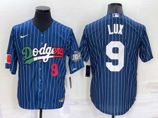 Mens Los Angeles Dodgers #9 Gavin Lux Navy Blue Pinstripe Mexico 2020 World Series Cool Base Nike Jersey (5)