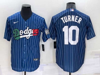 Mens Los Angeles Dodgers #10 Justin Turner Navy Blue Pinstripe Mexico 2020 World Series Cool Base Nike Jersey (12)