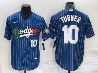 Mens Los Angeles Dodgers #10 Justin Turner Navy Blue Pinstripe Mexico 2020 World Series Cool Base Nike Jersey (13)