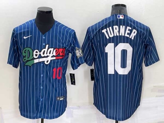 Mens Los Angeles Dodgers #10 Justin Turner Navy Blue Pinstripe Mexico 2020 World Series Cool Base Nike Jersey (14)