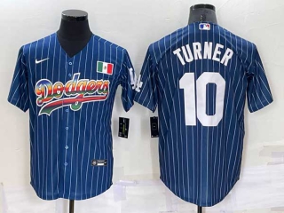 Mens Los Angeles Dodgers #10 Justin Turner Rainbow Pinstripe Mexico Cool Base Nike Jersey (15)