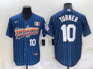 Mens Los Angeles Dodgers #10 Justin Turner Rainbow Pinstripe Mexico Cool Base Nike Jersey (16)