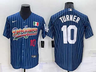 Mens Los Angeles Dodgers #10 Justin Turner Rainbow Pinstripe Mexico Cool Base Nike Jersey (17)