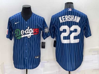 Mens Los Angeles Dodgers #22 Clayton Kershaw Navy Blue Pinstripe Mexico 2020 World Series Cool Base Nike Jersey (20)