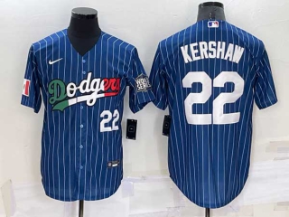 Mens Los Angeles Dodgers #22 Clayton Kershaw Navy Blue Pinstripe Mexico 2020 World Series Cool Base Nike Jersey (21)