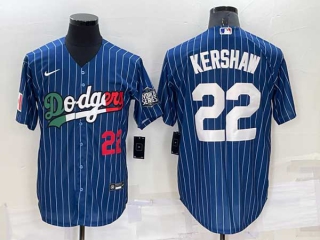 Mens Los Angeles Dodgers #22 Clayton Kershaw Navy Blue Pinstripe Mexico 2020 World Series Cool Base Nike Jersey (22)