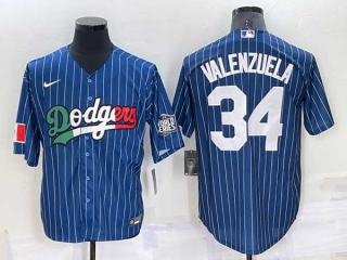Men's Los Angeles Dodgers #34 Fernando Valenzuela Navy Blue Pinstripe Mexico 2020 World Series Cool Base Nike Jersey (18)