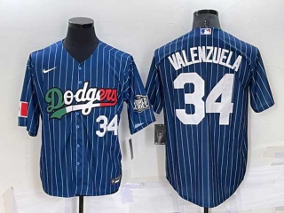 Men's Los Angeles Dodgers #34 Fernando Valenzuela Navy Blue Pinstripe Mexico 2020 World Series Cool Base Nike Jersey (19)