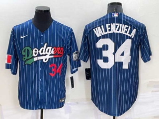 Men's Los Angeles Dodgers #34 Fernando Valenzuela Navy Blue Pinstripe Mexico 2020 World Series Cool Base Nike Jersey (20)