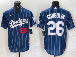 Men's MLB Los Angeles Dodgers #26 Tony Gonsolin Navy Blue Red Number Pinstripe Stitched Cool Base Nike Jersey