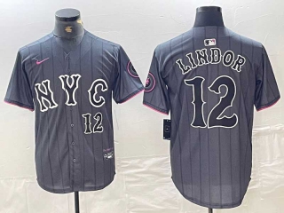 Men's MLB New York Mets #12 Francisco Lindor Grey Black Number 2024 City Connect Cool Base Stitched Jersey