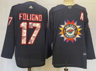 Men's NHL Minnesota Wild #17 Marcus Foligno 2022 Navy Native American Heritage Day Stitched Jersey