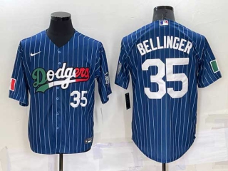 Men's Los Angeles Dodgers #35 Cody Bellinger Navy Blue Pinstripe Mexico 2020 World Series Cool Base Nike Jersey (20)