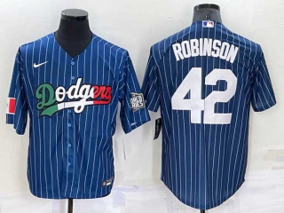 Mens Los Angeles Dodgers #42 Jackie Robinson Navy Blue Pinstripe Mexico 2020 World Series Cool Base Nike Jersey (9)