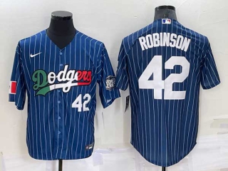 Mens Los Angeles Dodgers #42 Jackie Robinson Navy Blue Pinstripe Mexico 2020 World Series Cool Base Nike Jersey (10)