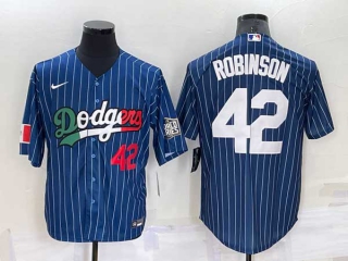 Mens Los Angeles Dodgers #42 Jackie Robinson Navy Blue Pinstripe Mexico 2020 World Series Cool Base Nike Jersey (11)