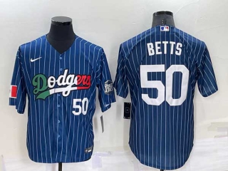 Mens Los Angeles Dodgers #50 Mookie Betts Navy Blue Pinstripe Mexico 2020 World Series Cool Base Nike Jersey (21)