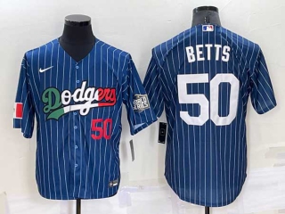 Mens Los Angeles Dodgers #50 Mookie Betts Navy Blue Pinstripe Mexico 2020 World Series Cool Base Nike Jersey (22)