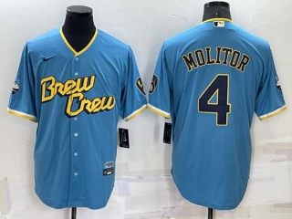 Men's MLB Milwaukee Brewers #4 Paul Molitor Blue 2022 City Connect Cool Base Stitched Jersey (1)
