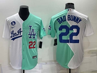 Men's MLB Los Angeles Dodgers #22 Bad Bunny White Green Two Tone 2022 Celebrity Softball Game Cool Base Jersey (28)