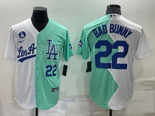 Men's MLB Los Angeles Dodgers #22 Bad Bunny White Green Two Tone 2022 Celebrity Softball Game Cool Base Jersey (31)