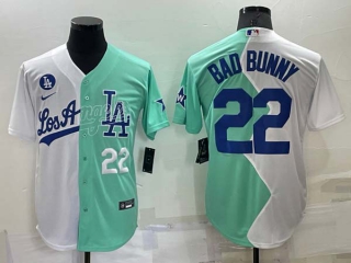 Men's MLB Los Angeles Dodgers #22 Bad Bunny White Green Two Tone 2022 Celebrity Softball Game Cool Base Jersey (29)