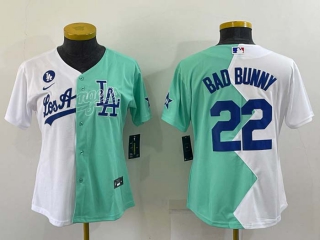 Women's Los Angeles Dodgers #22 Bad Bunny White Green Two Tone 2022 Celebrity Softball Game Cool Base Jersey (1)