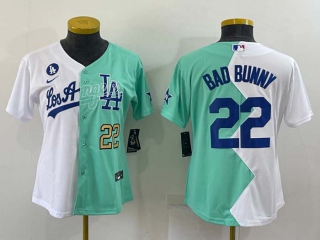 Women's Los Angeles Dodgers #22 Bad Bunny White Green Two Tone 2022 Celebrity Softball Game Cool Base Jersey (4)