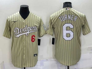 Men's Los Angeles Dodgers #6 Trea Turner Number Cream Pinstripe Stitched MLB Cool Base Nike Jersey