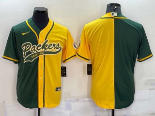 Men's Green Bay Packers Blank Green Yellow Split With Patch Cool Base Stitched Baseball Jersey